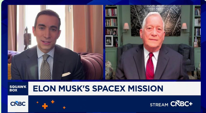 Walter Isaacson on CNBC Squawk Box discussing the SpaceX IPO, with the on-screen banner 'Elon Musk's SpaceX Mission'